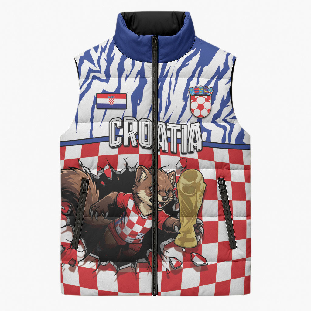 Custom Croatia Football Sleeveless Puffer Jacket Marten In Hole With Checkered Patterns