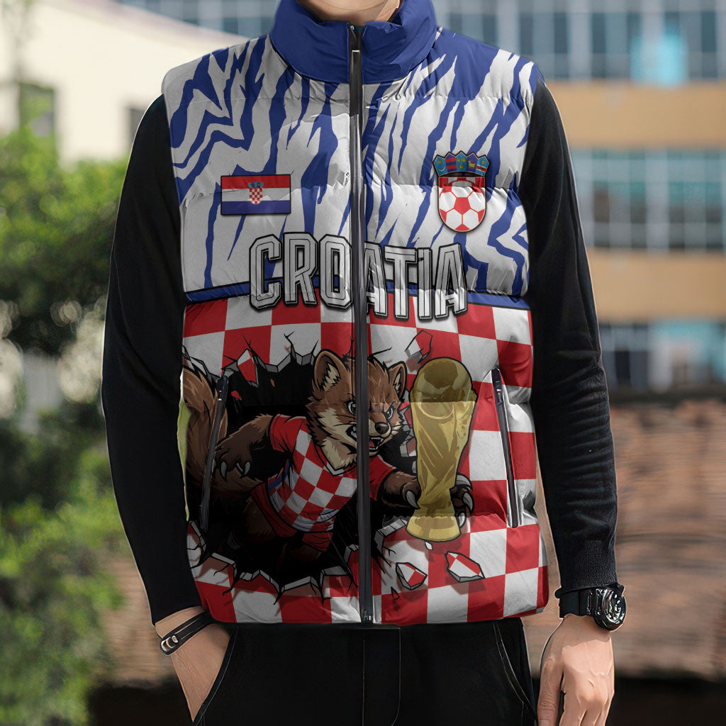 Custom Croatia Football Sleeveless Puffer Jacket Marten In Hole With Checkered Patterns