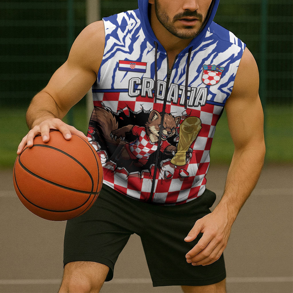 Custom Croatia Football Sleeveless Zip Hoodie Marten In Hole With Checkered Patterns