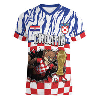 Custom Croatia Football Women V-Neck T-Shirt Marten In Hole With Checkered Patterns