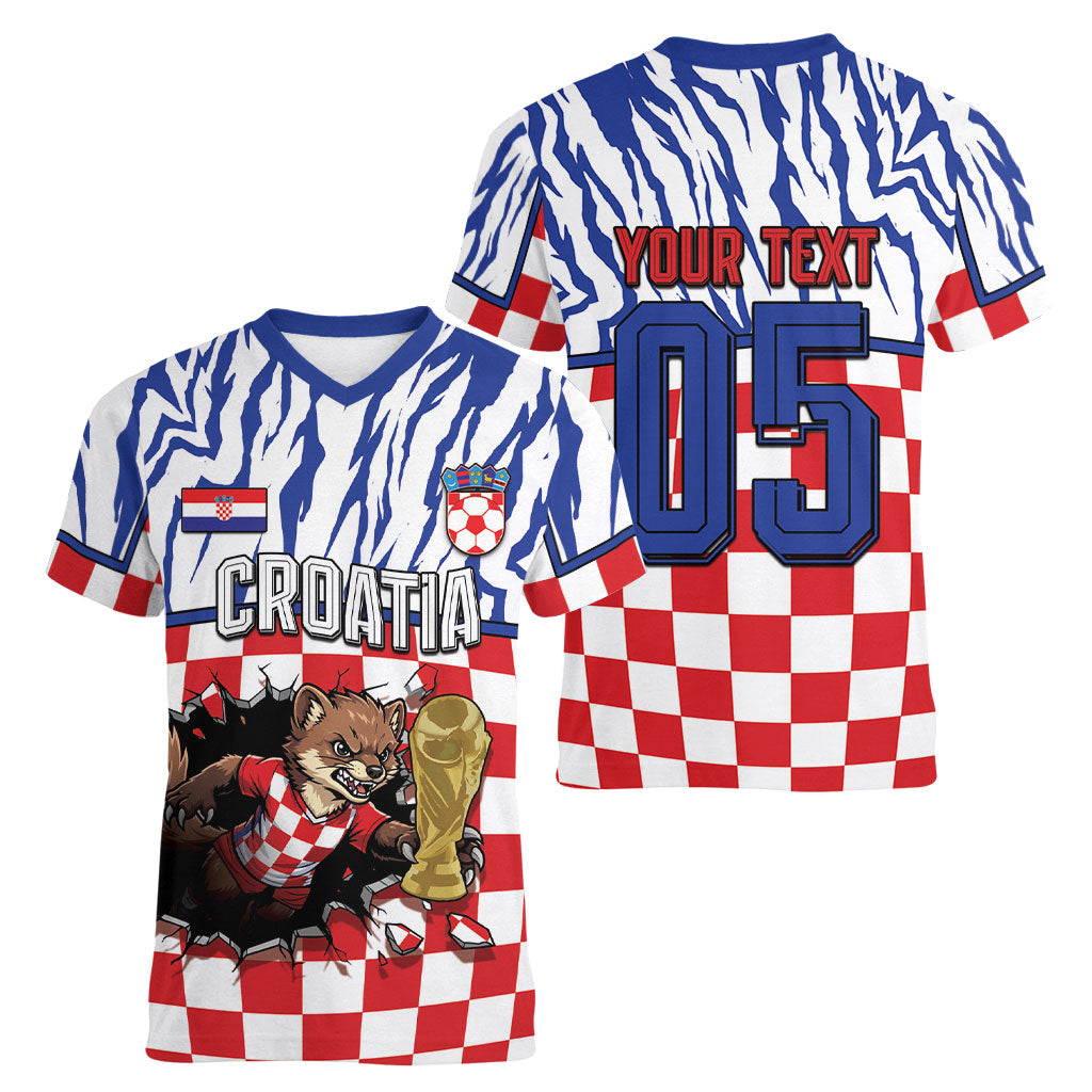 Custom Croatia Football Women V-Neck T-Shirt Marten In Hole With Checkered Patterns