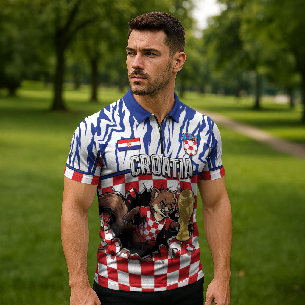 Custom Croatia Football Zipper Polo Shirt Marten In Hole With Checkered Patterns