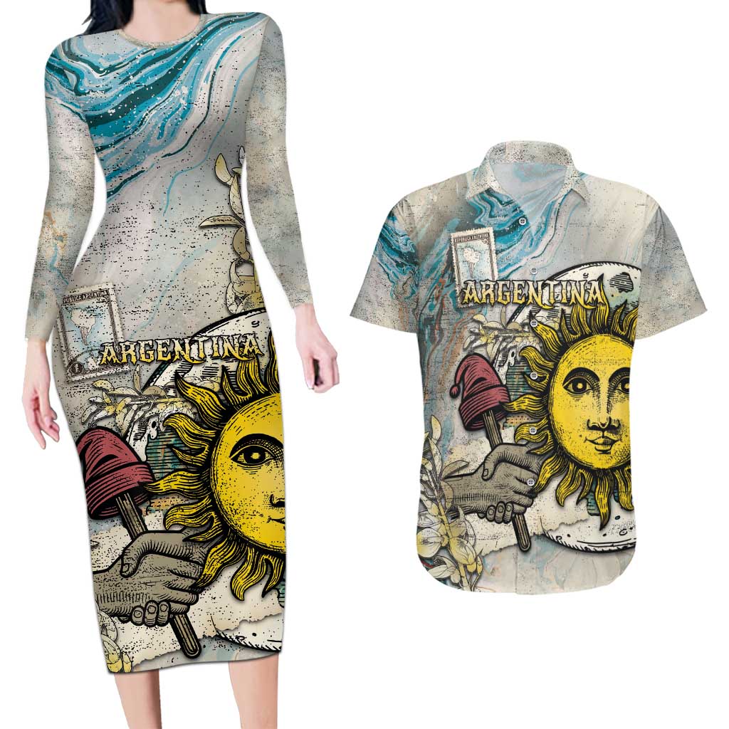 Argentina Couples Matching Long Sleeve Bodycon Dress and Hawaiian Shirt Sol De Mayo Retro Style - Wonder Print Shop