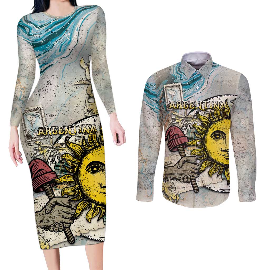 Argentina Couples Matching Long Sleeve Bodycon Dress and Long Sleeve Button Shirt Sol De Mayo Retro Style - Wonder Print Shop