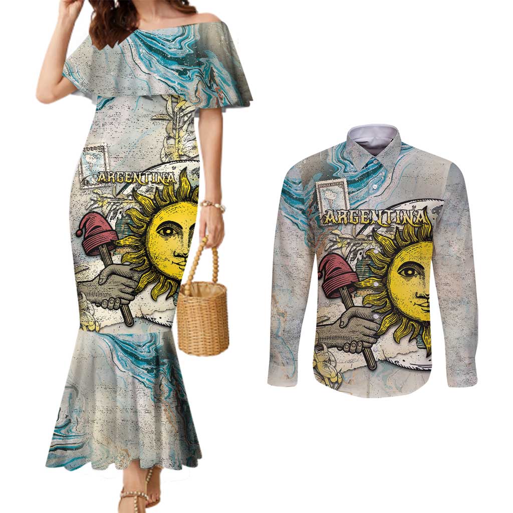 Argentina Couples Matching Mermaid Dress and Long Sleeve Button Shirt Sol De Mayo Retro Style - Wonder Print Shop
