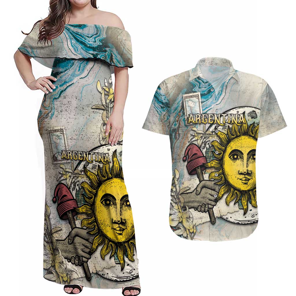 Argentina Couples Matching Off Shoulder Maxi Dress and Hawaiian Shirt Sol De Mayo Retro Style - Wonder Print Shop