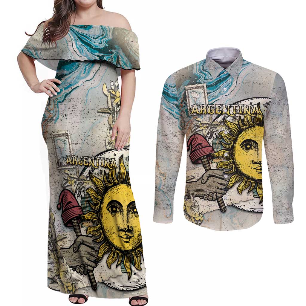 Argentina Couples Matching Off Shoulder Maxi Dress and Long Sleeve Button Shirt Sol De Mayo Retro Style - Wonder Print Shop