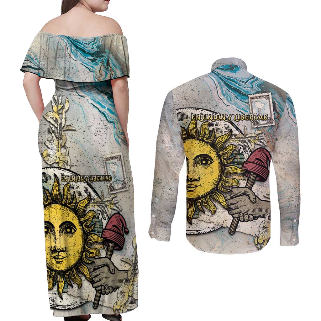 Argentina Couples Matching Off Shoulder Maxi Dress and Long Sleeve Button Shirt Sol De Mayo Retro Style - Wonder Print Shop