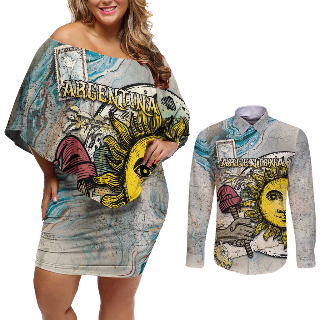 Argentina Couples Matching Off Shoulder Short Dress and Long Sleeve Button Shirt Sol De Mayo Retro Style - Wonder Print Shop