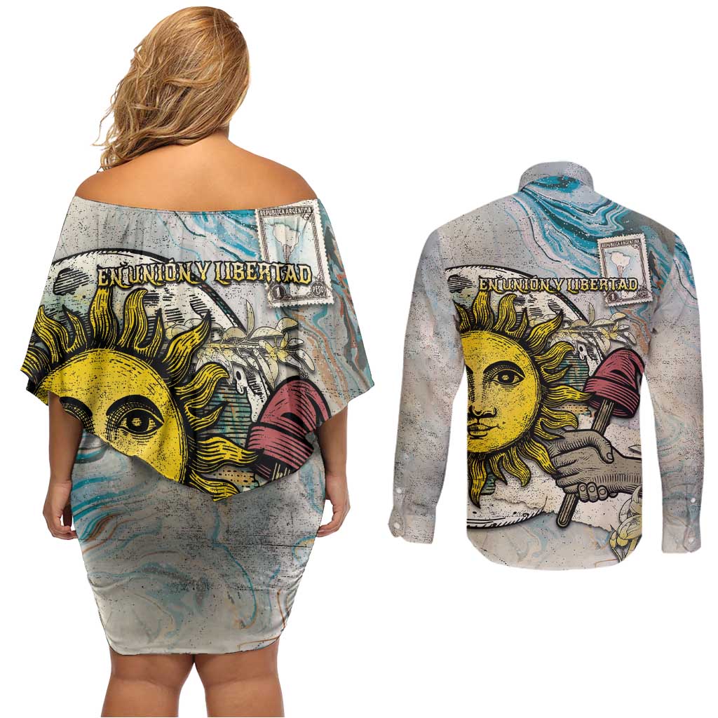 Argentina Couples Matching Off Shoulder Short Dress and Long Sleeve Button Shirt Sol De Mayo Retro Style - Wonder Print Shop
