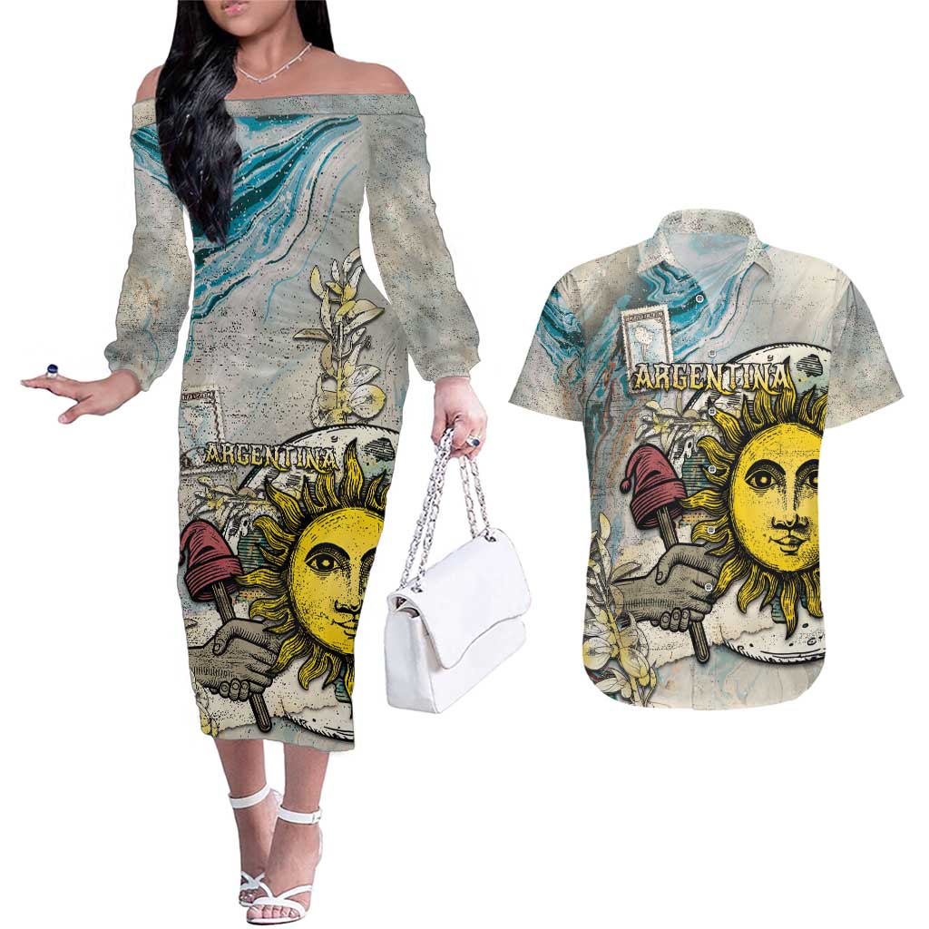 Argentina Couples Matching Off The Shoulder Long Sleeve Dress and Hawaiian Shirt Sol De Mayo Retro Style - Wonder Print Shop