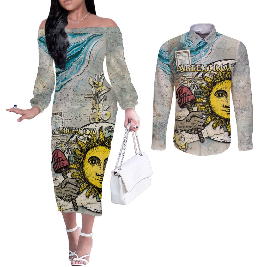 Argentina Couples Matching Off The Shoulder Long Sleeve Dress and Long Sleeve Button Shirt Sol De Mayo Retro Style - Wonder Print Shop