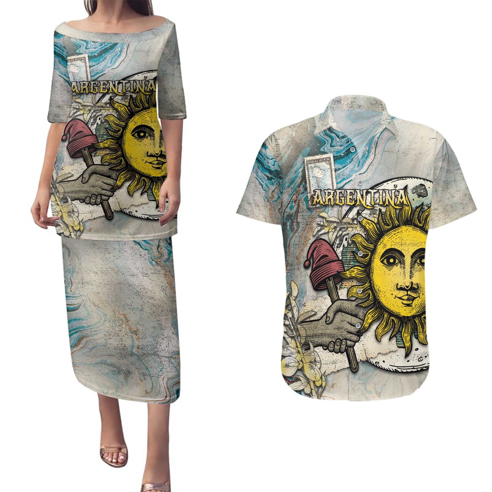 Argentina Couples Matching Puletasi and Hawaiian Shirt Sol De Mayo Retro Style - Wonder Print Shop