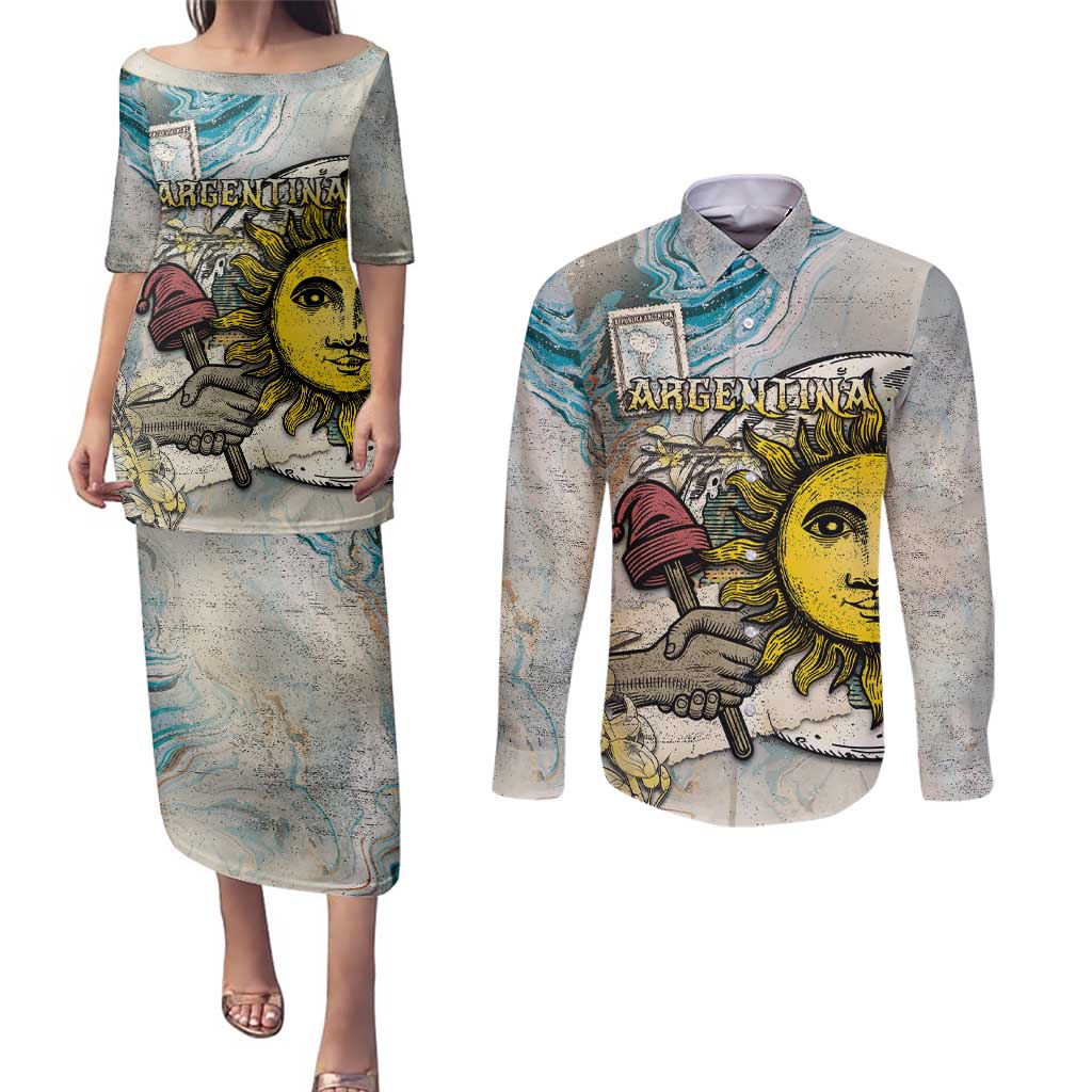 Argentina Couples Matching Puletasi and Long Sleeve Button Shirt Sol De Mayo Retro Style - Wonder Print Shop