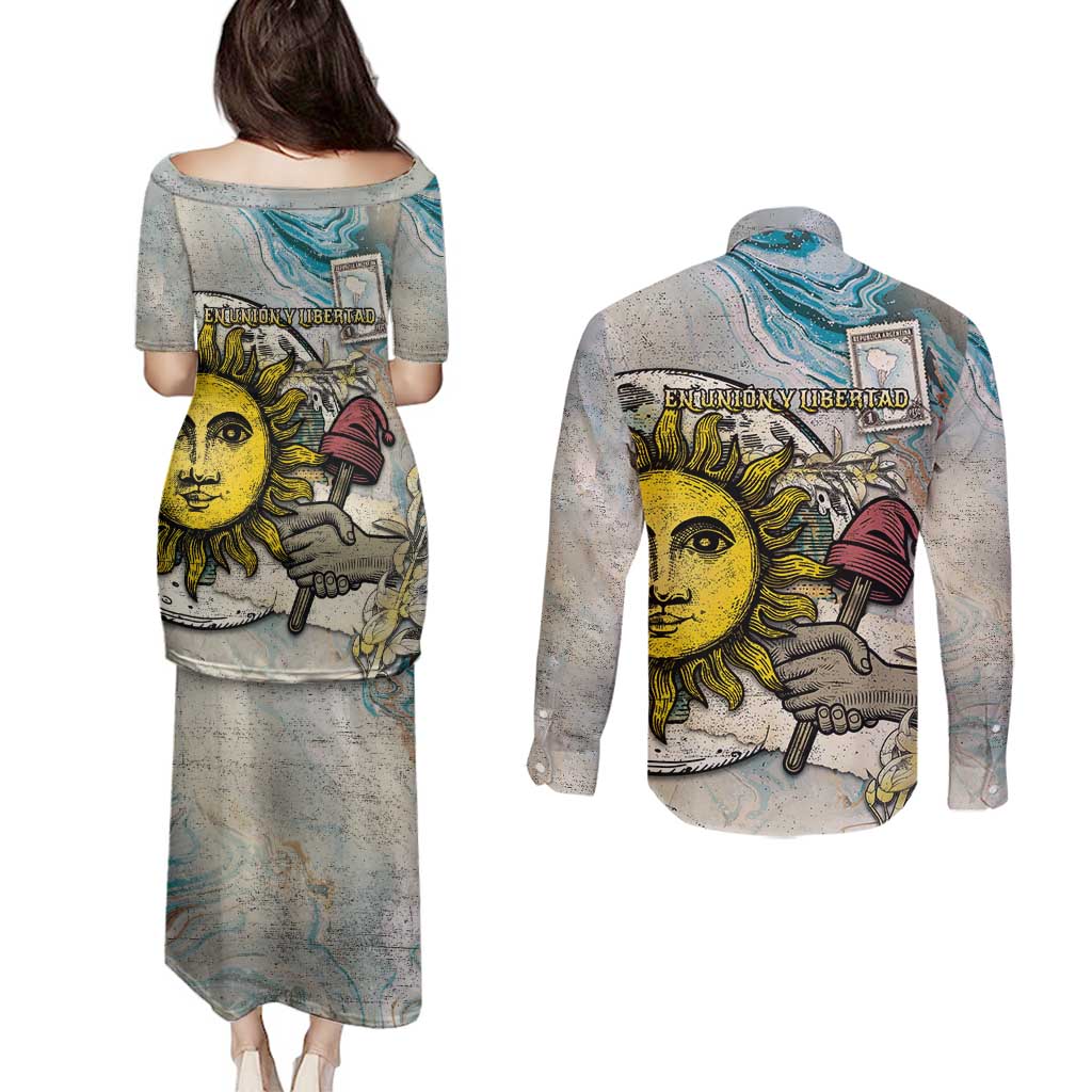 Argentina Couples Matching Puletasi and Long Sleeve Button Shirt Sol De Mayo Retro Style - Wonder Print Shop