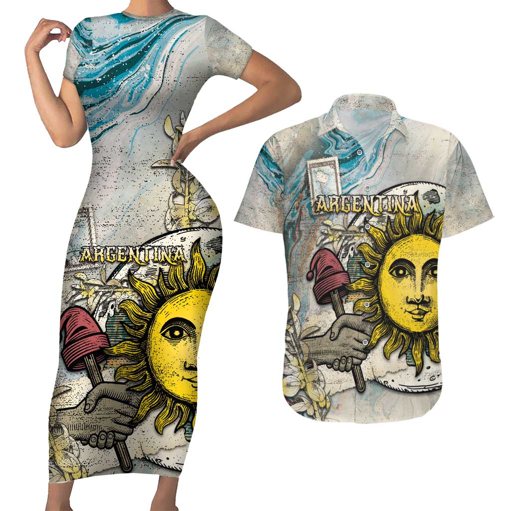Argentina Couples Matching Short Sleeve Bodycon Dress and Hawaiian Shirt Sol De Mayo Retro Style - Wonder Print Shop