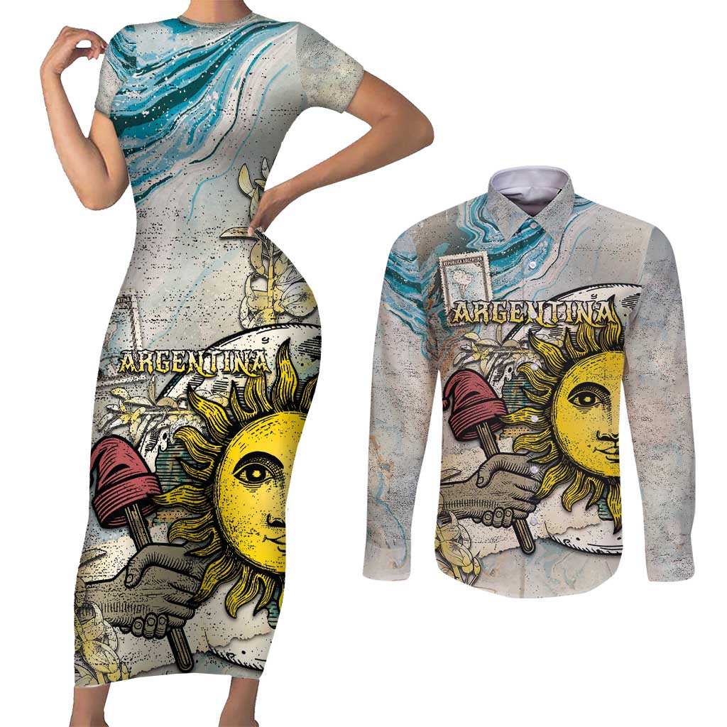 Argentina Couples Matching Short Sleeve Bodycon Dress and Long Sleeve Button Shirt Sol De Mayo Retro Style - Wonder Print Shop