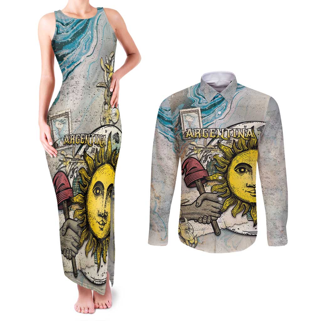 Argentina Couples Matching Tank Maxi Dress and Long Sleeve Button Shirt Sol De Mayo Retro Style - Wonder Print Shop