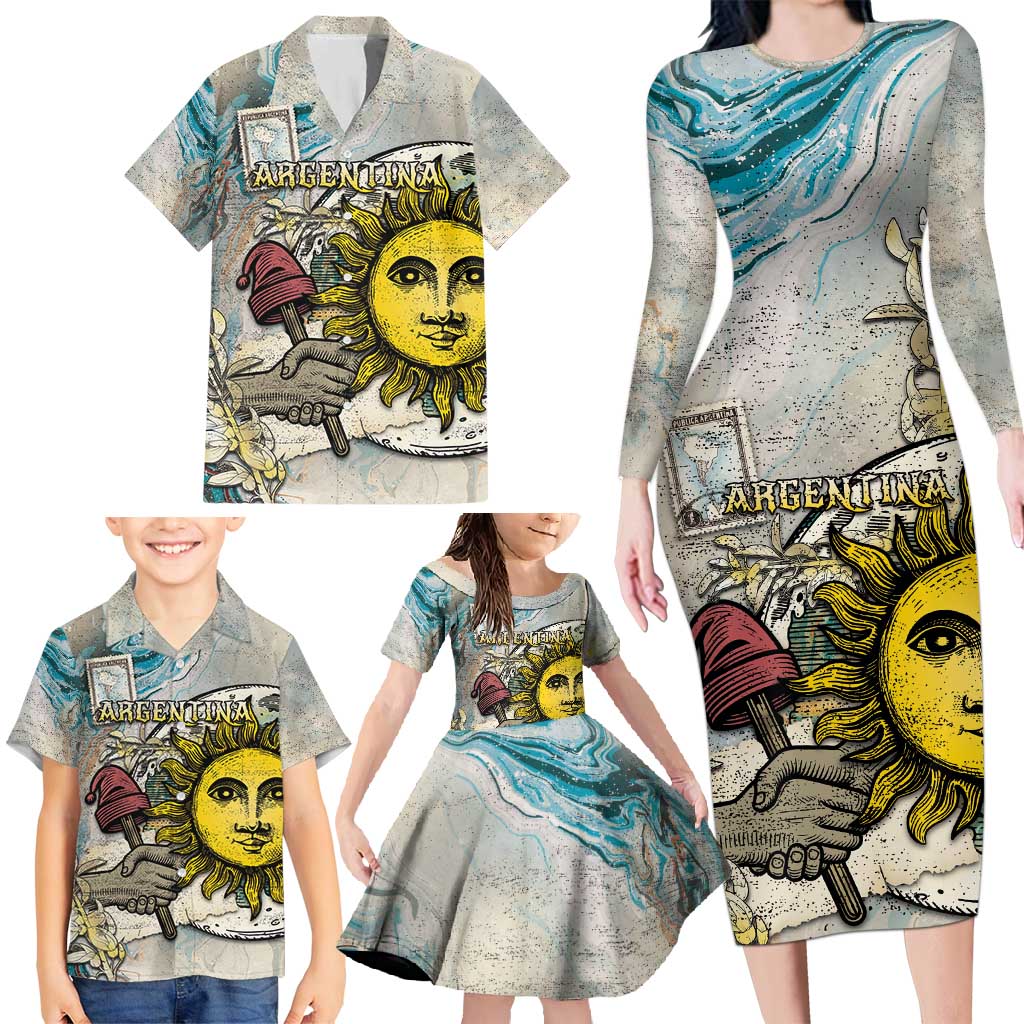 Argentina Family Matching Long Sleeve Bodycon Dress and Hawaiian Shirt Sol De Mayo Retro Style - Wonder Print Shop