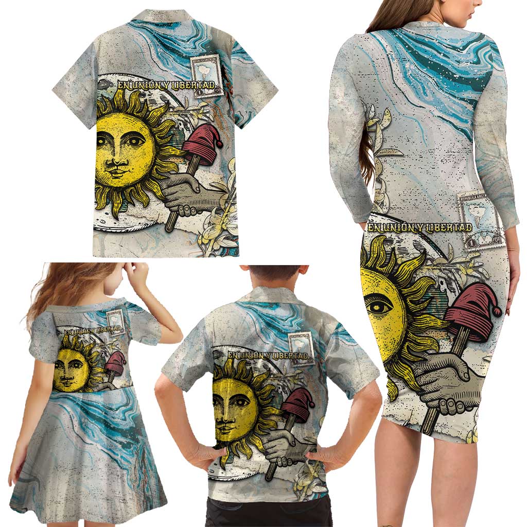 Argentina Family Matching Long Sleeve Bodycon Dress and Hawaiian Shirt Sol De Mayo Retro Style - Wonder Print Shop