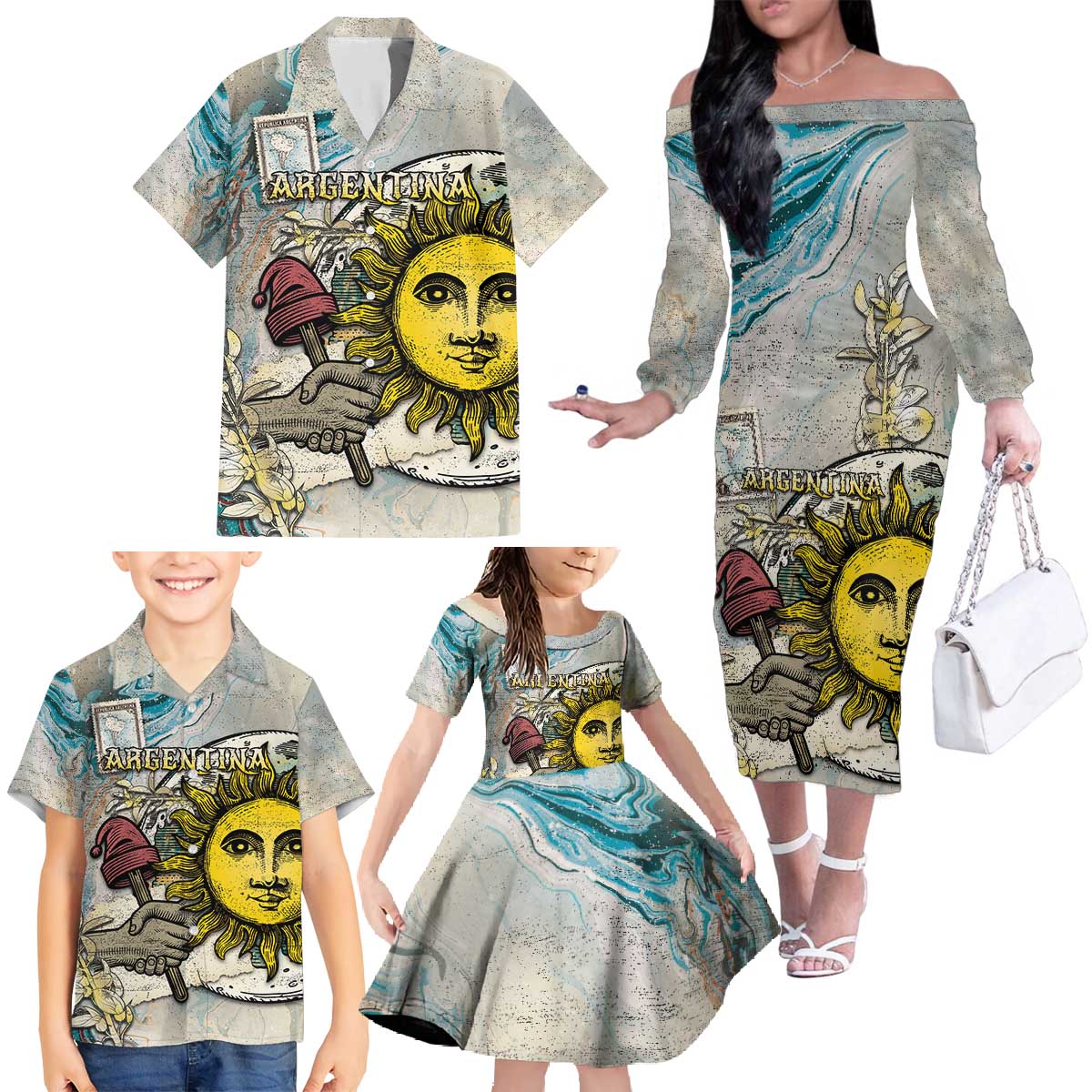 Argentina Family Matching Off The Shoulder Long Sleeve Dress and Hawaiian Shirt Sol De Mayo Retro Style - Wonder Print Shop