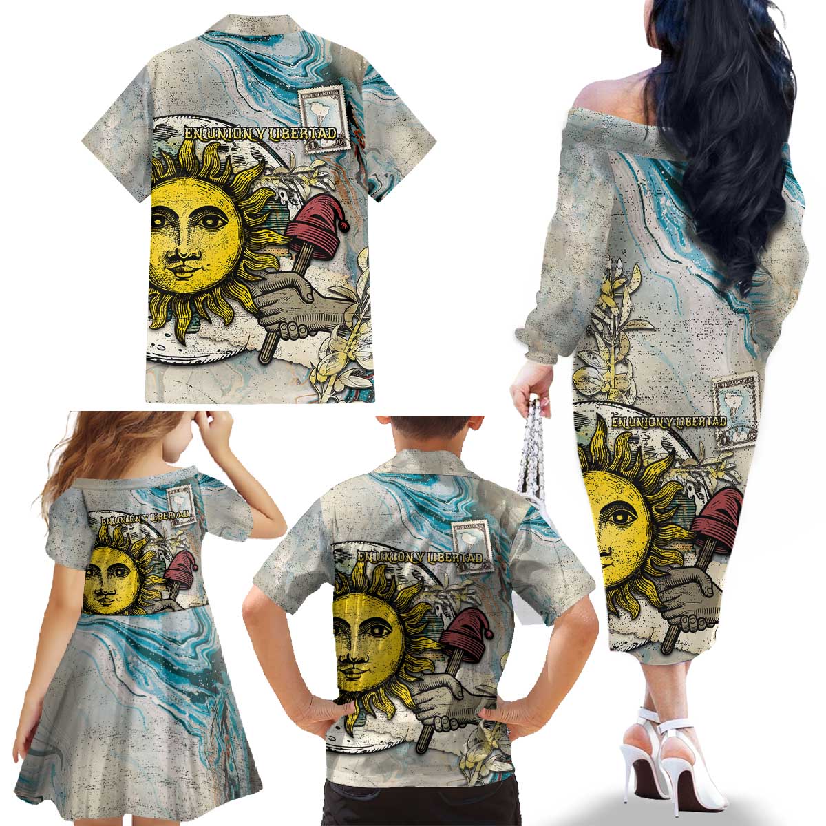 Argentina Family Matching Off The Shoulder Long Sleeve Dress and Hawaiian Shirt Sol De Mayo Retro Style - Wonder Print Shop