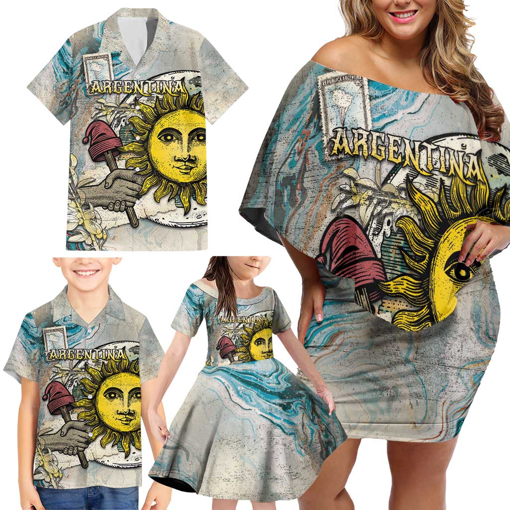 Argentina Family Matching Off Shoulder Short Dress and Hawaiian Shirt Sol De Mayo Retro Style - Wonder Print Shop