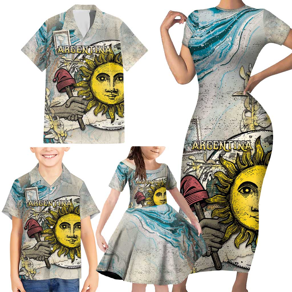 Argentina Family Matching Short Sleeve Bodycon Dress and Hawaiian Shirt Sol De Mayo Retro Style - Wonder Print Shop