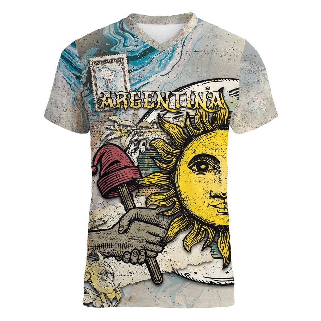 Argentina Women V-Neck T-Shirt Sol De Mayo Retro Style - Wonder Print Shop