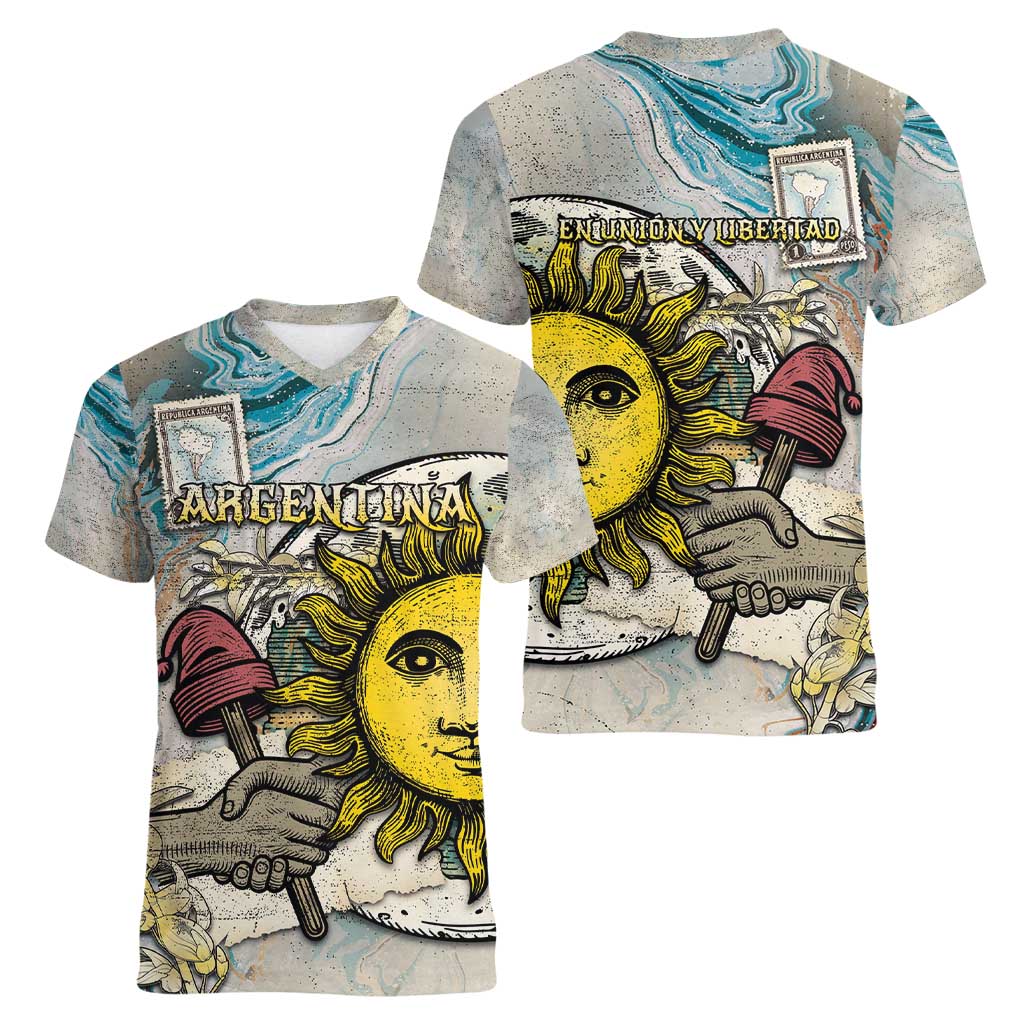 Argentina Women V-Neck T-Shirt Sol De Mayo Retro Style - Wonder Print Shop