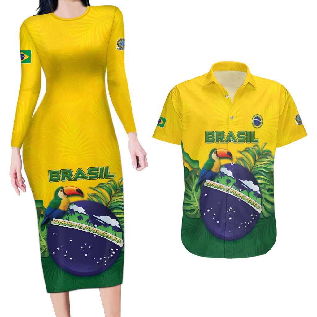 Personalized Brazil Couples Matching Long Sleeve Bodycon Dress and Hawaiian Shirt Toco Toucan Tropical Vibes - Wonder Print Shop