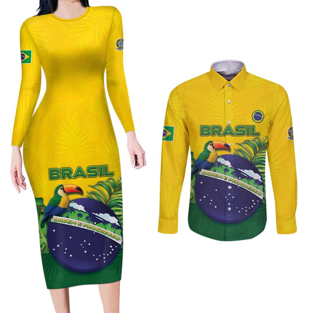 Personalized Brazil Couples Matching Long Sleeve Bodycon Dress and Long Sleeve Button Shirt Toco Toucan Tropical Vibes - Wonder Print Shop
