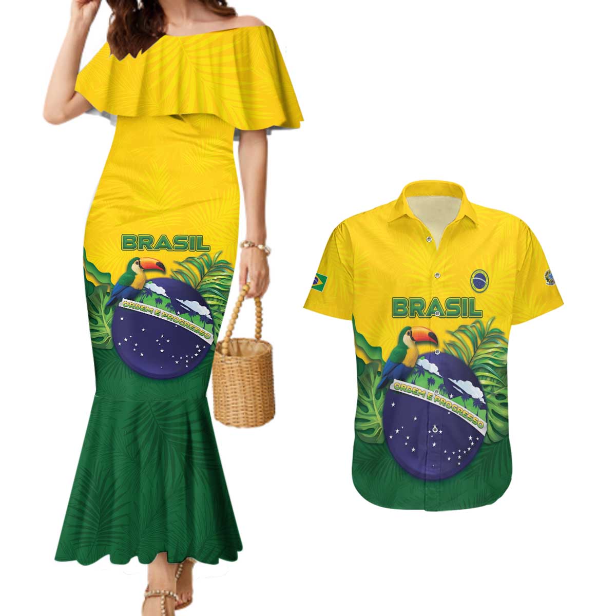 Personalized Brazil Couples Matching Mermaid Dress and Hawaiian Shirt Toco Toucan Tropical Vibes - Wonder Print Shop