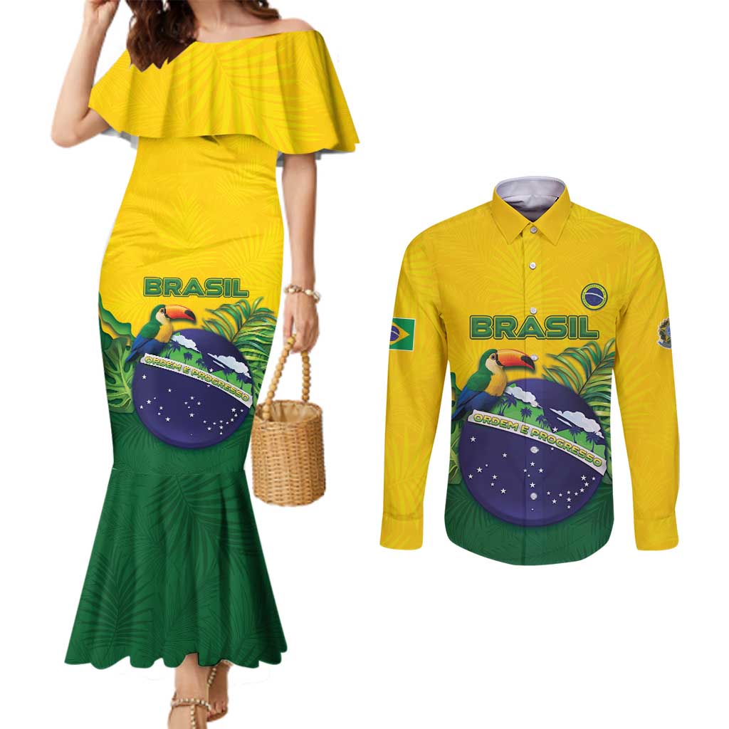 Personalized Brazil Couples Matching Mermaid Dress and Long Sleeve Button Shirt Toco Toucan Tropical Vibes - Wonder Print Shop