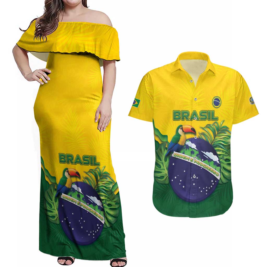 Personalized Brazil Couples Matching Off Shoulder Maxi Dress and Hawaiian Shirt Toco Toucan Tropical Vibes - Wonder Print Shop