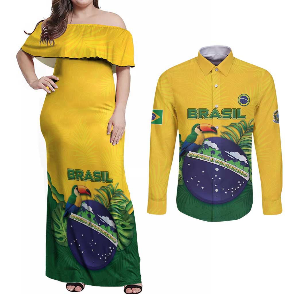 Personalized Brazil Couples Matching Off Shoulder Maxi Dress and Long Sleeve Button Shirt Toco Toucan Tropical Vibes - Wonder Print Shop