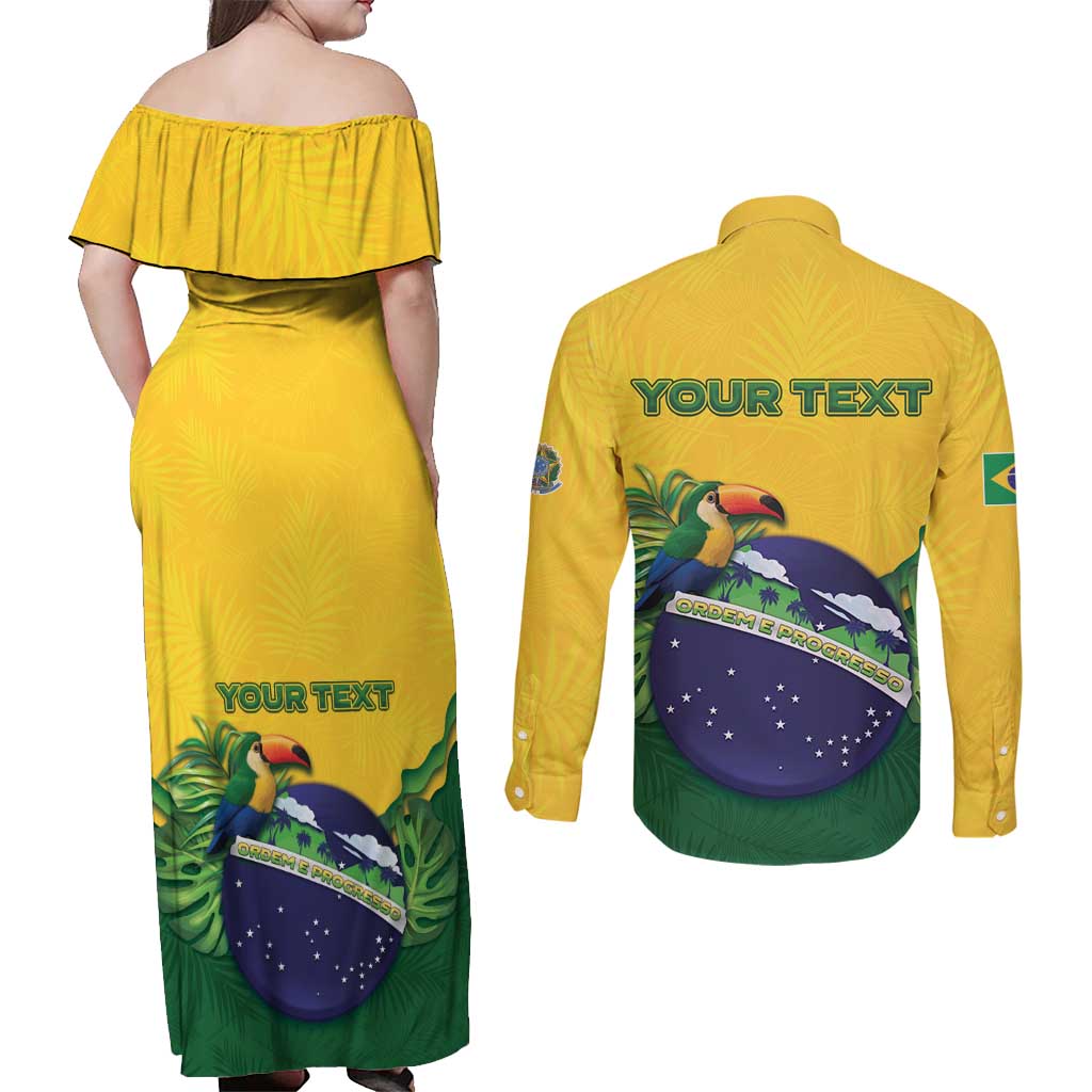 Personalized Brazil Couples Matching Off Shoulder Maxi Dress and Long Sleeve Button Shirt Toco Toucan Tropical Vibes - Wonder Print Shop