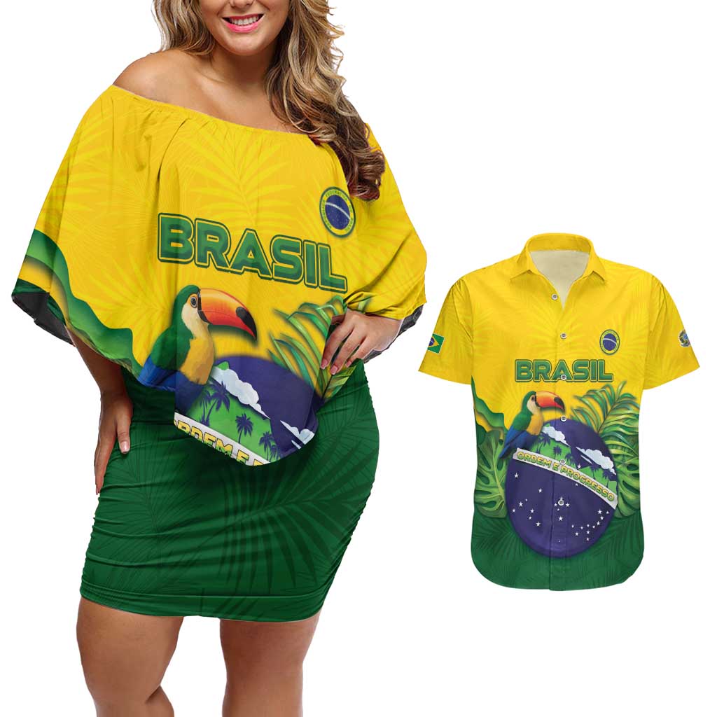 Personalized Brazil Couples Matching Off Shoulder Short Dress and Hawaiian Shirt Toco Toucan Tropical Vibes - Wonder Print Shop