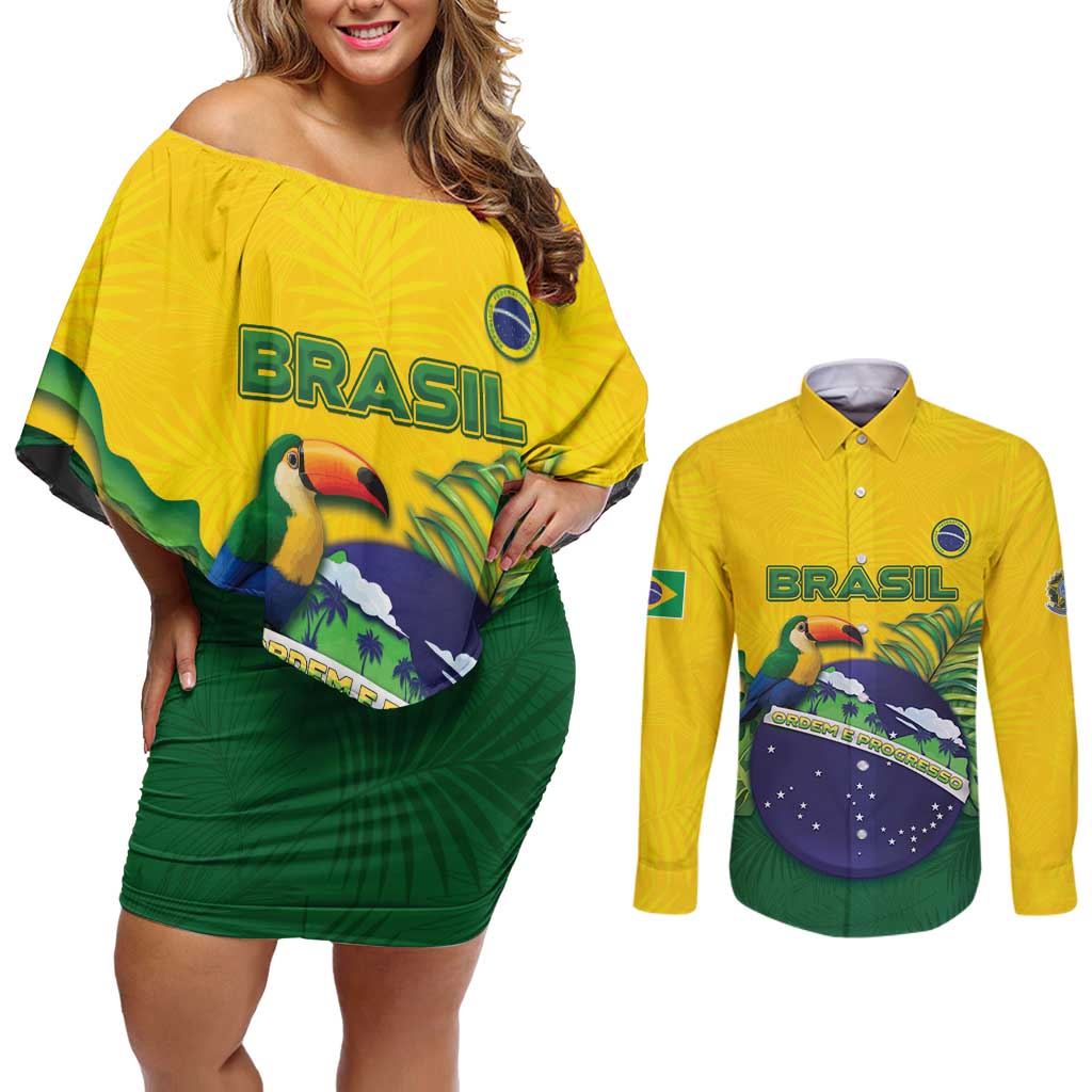 Personalized Brazil Couples Matching Off Shoulder Short Dress and Long Sleeve Button Shirt Toco Toucan Tropical Vibes - Wonder Print Shop
