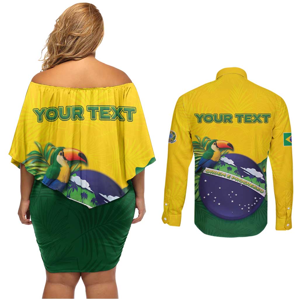Personalized Brazil Couples Matching Off Shoulder Short Dress and Long Sleeve Button Shirt Toco Toucan Tropical Vibes - Wonder Print Shop