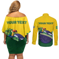 Personalized Brazil Couples Matching Off Shoulder Short Dress and Long Sleeve Button Shirt Toco Toucan Tropical Vibes - Wonder Print Shop