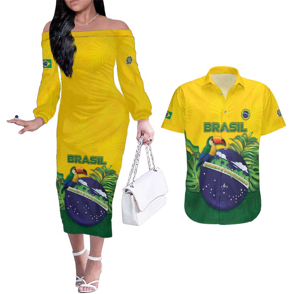 Personalized Brazil Couples Matching Off The Shoulder Long Sleeve Dress and Hawaiian Shirt Toco Toucan Tropical Vibes - Wonder Print Shop