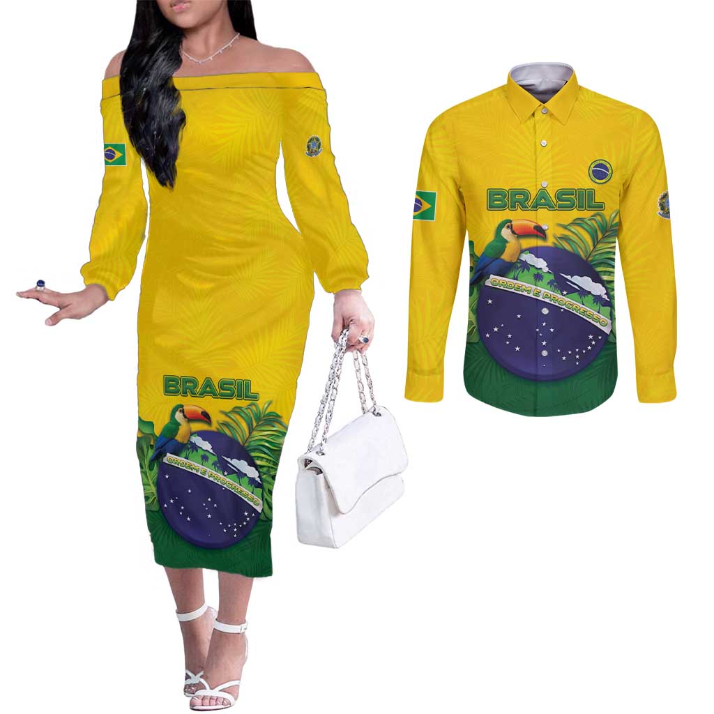 Personalized Brazil Couples Matching Off The Shoulder Long Sleeve Dress and Long Sleeve Button Shirt Toco Toucan Tropical Vibes - Wonder Print Shop