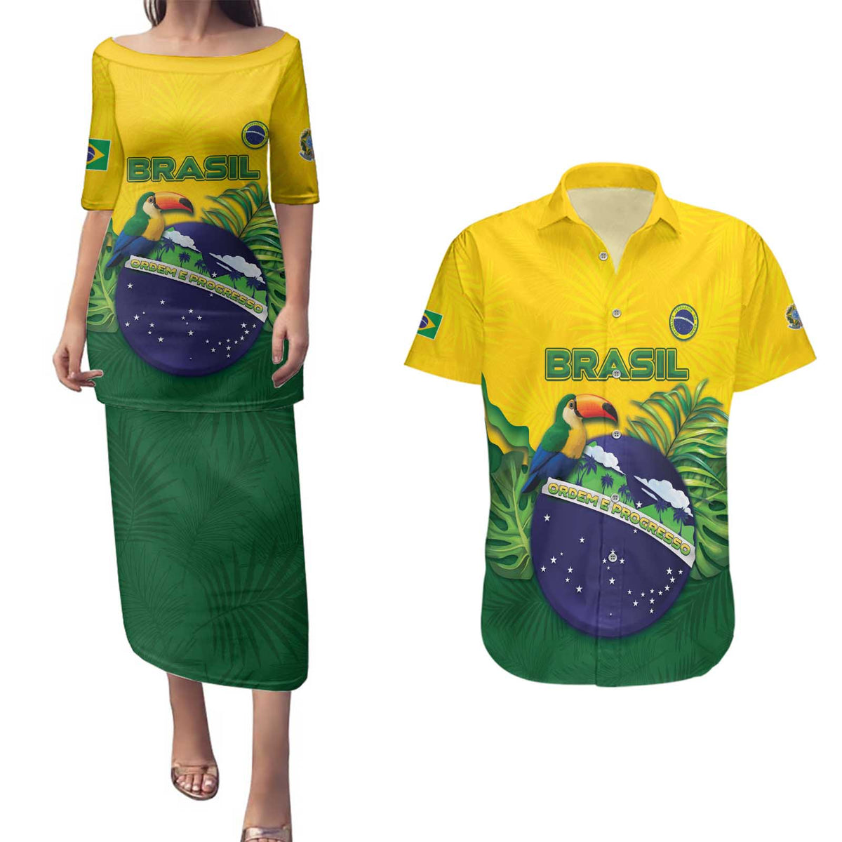 Personalized Brazil Couples Matching Puletasi and Hawaiian Shirt Toco Toucan Tropical Vibes - Wonder Print Shop