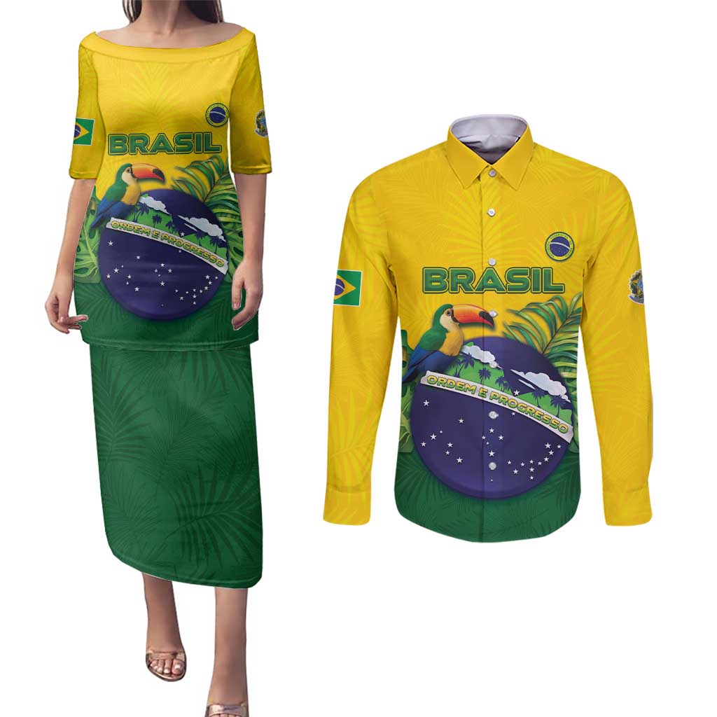 Personalized Brazil Couples Matching Puletasi and Long Sleeve Button Shirt Toco Toucan Tropical Vibes - Wonder Print Shop