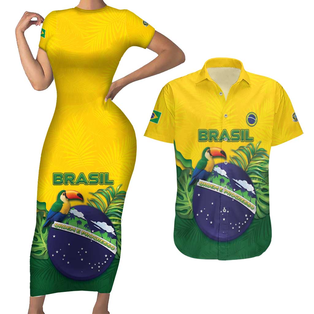 Personalized Brazil Couples Matching Short Sleeve Bodycon Dress and Hawaiian Shirt Toco Toucan Tropical Vibes - Wonder Print Shop