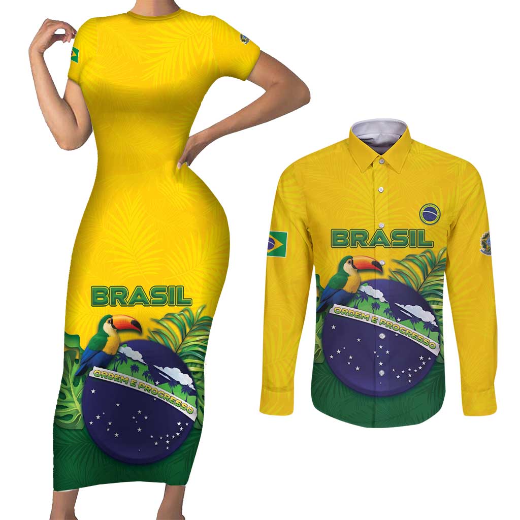 Personalized Brazil Couples Matching Short Sleeve Bodycon Dress and Long Sleeve Button Shirt Toco Toucan Tropical Vibes - Wonder Print Shop