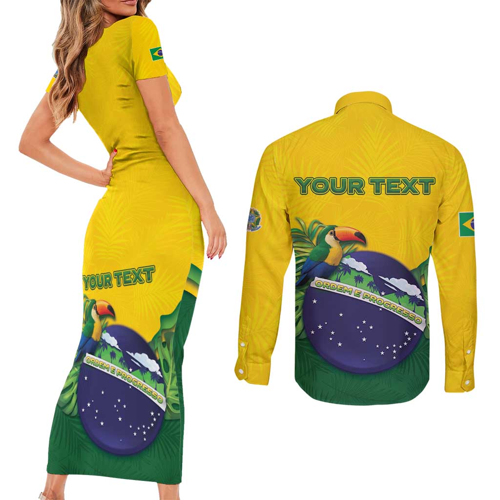 Personalized Brazil Couples Matching Short Sleeve Bodycon Dress and Long Sleeve Button Shirt Toco Toucan Tropical Vibes - Wonder Print Shop