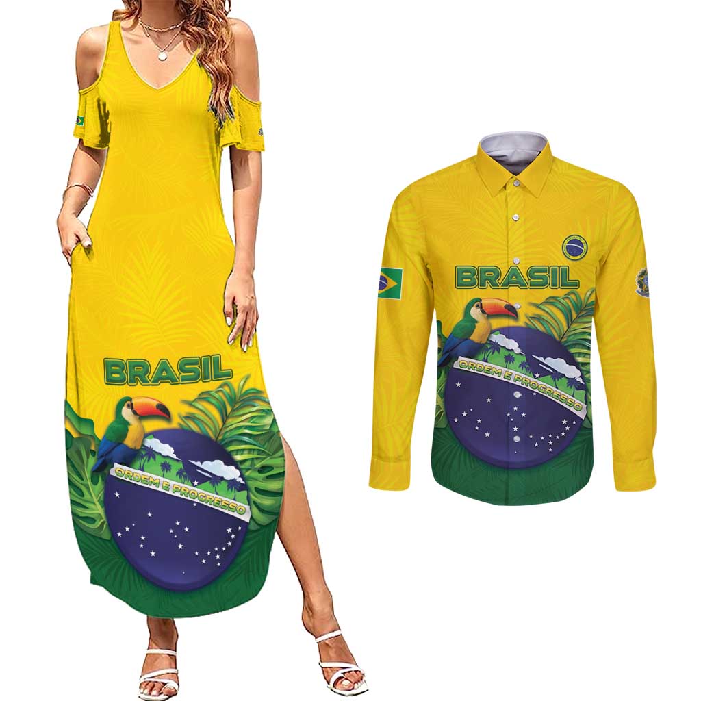 Personalized Brazil Couples Matching Summer Maxi Dress and Long Sleeve Button Shirt Toco Toucan Tropical Vibes - Wonder Print Shop