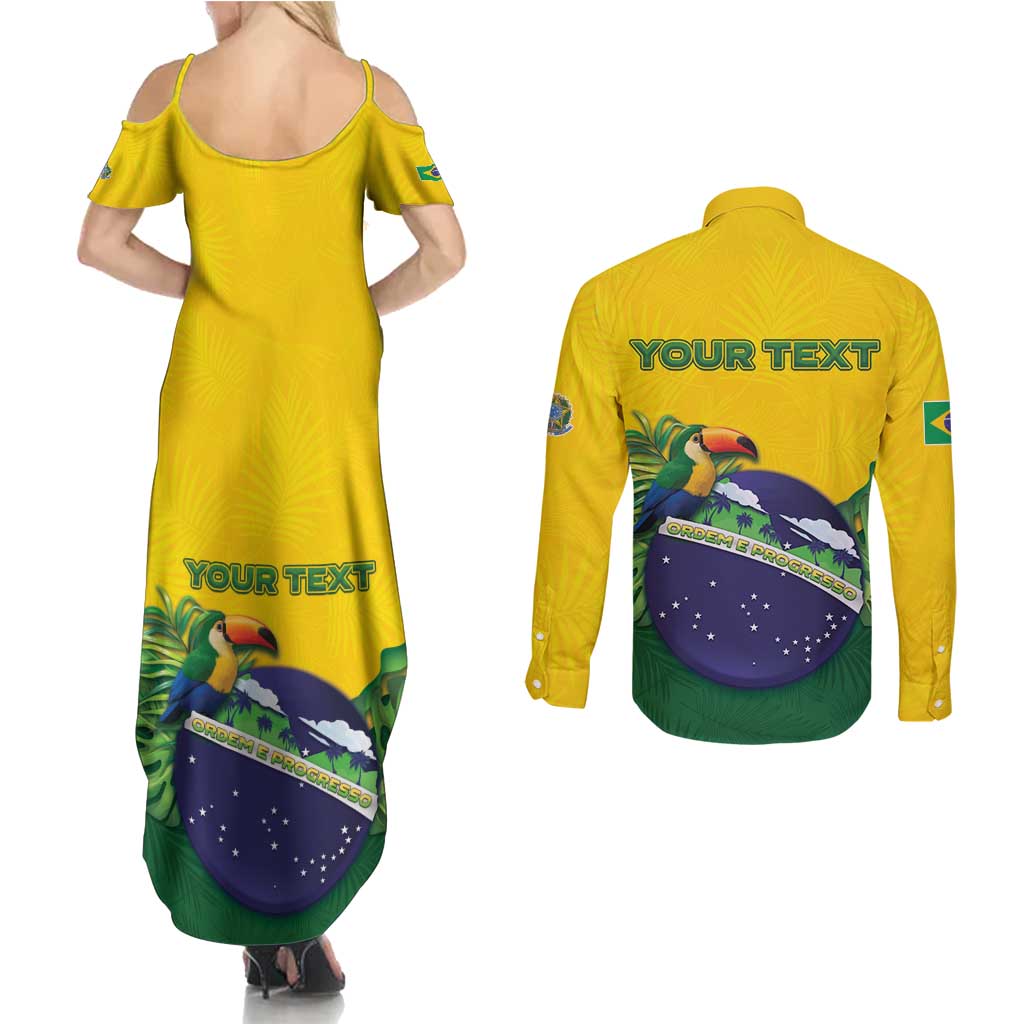 Personalized Brazil Couples Matching Summer Maxi Dress and Long Sleeve Button Shirt Toco Toucan Tropical Vibes - Wonder Print Shop